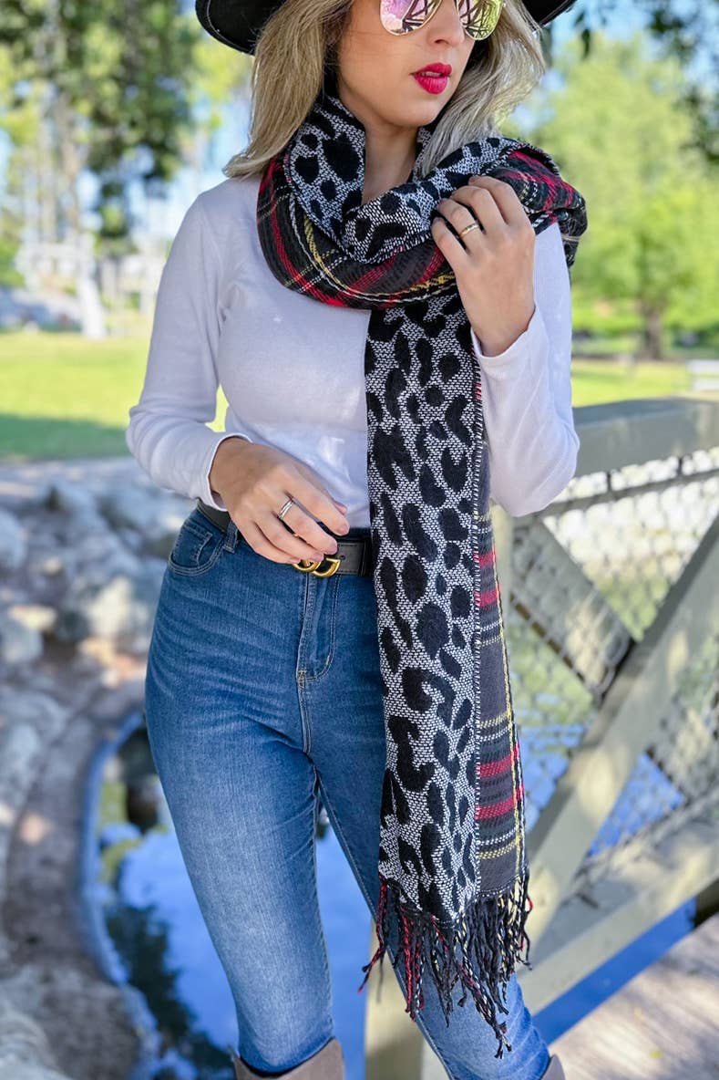 Black and Leopard Dual-Sided Reversible Poncho With Button