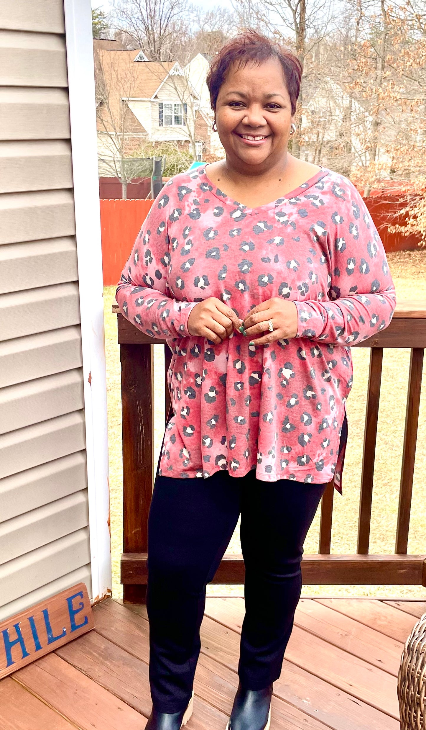 Leopard Dolman Long Sleeve V-Neck Top