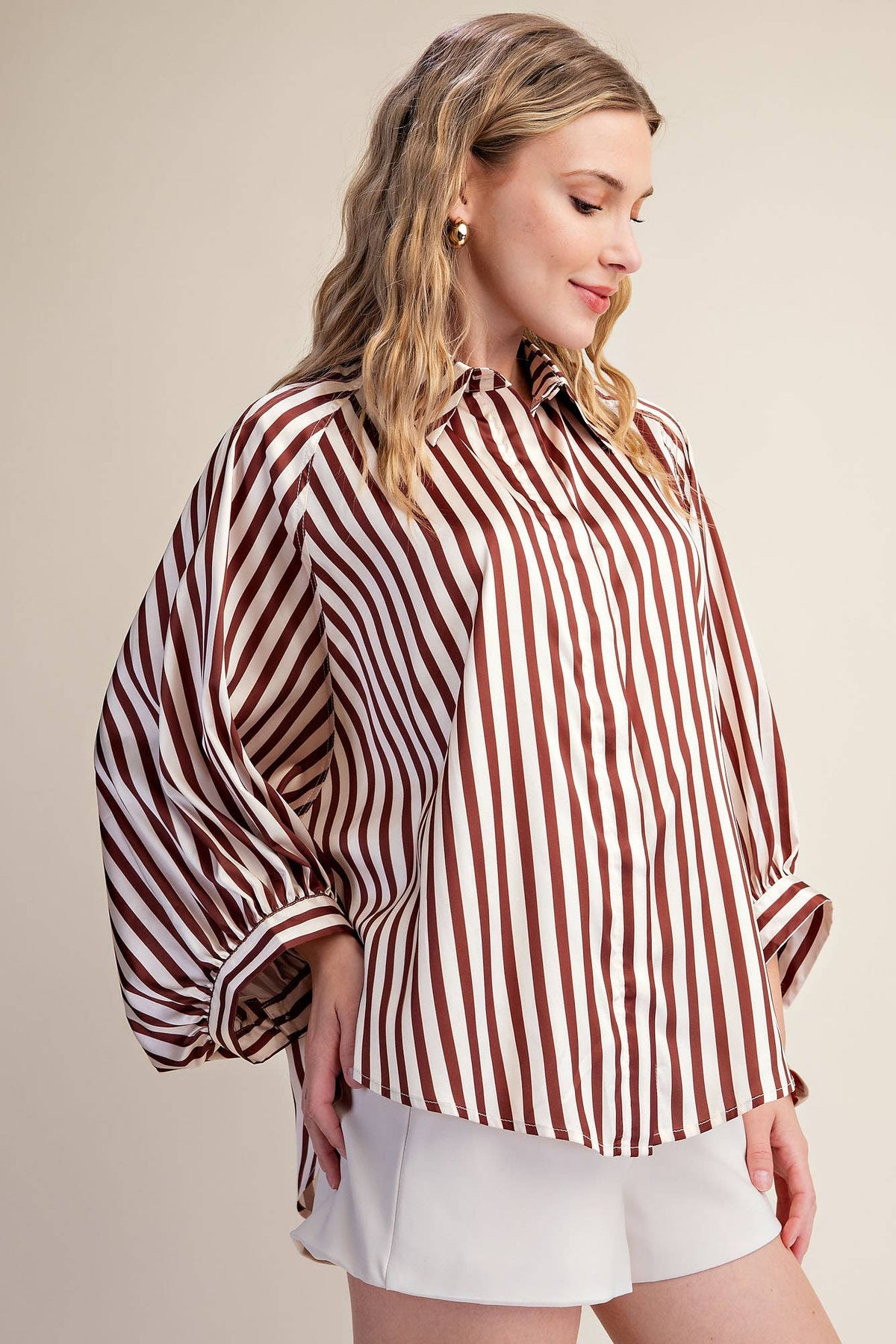 Stripe Wide Puff Sleeve Buttondown Shirt
