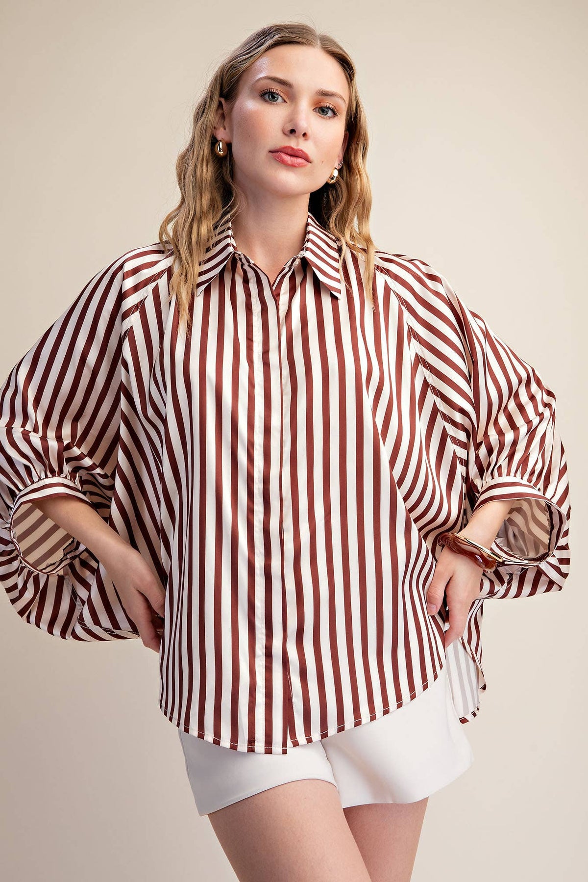 Stripe Wide Puff Sleeve Buttondown Shirt