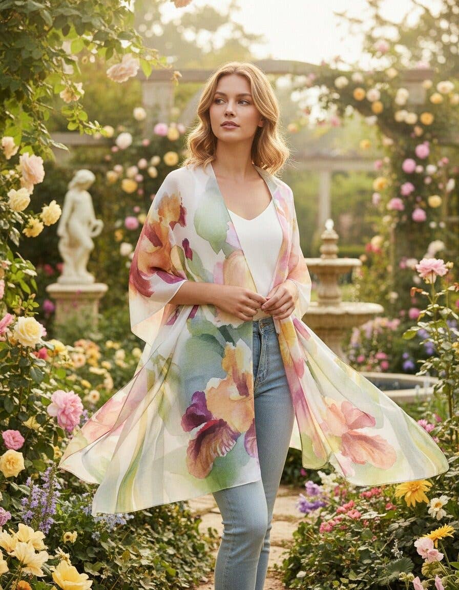 Blooming Orchid Watercolor Kimono Cover-Up