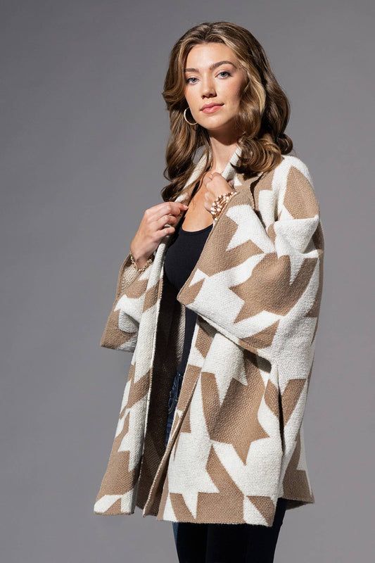Woven Large Houndstooth Pattern Cardigan