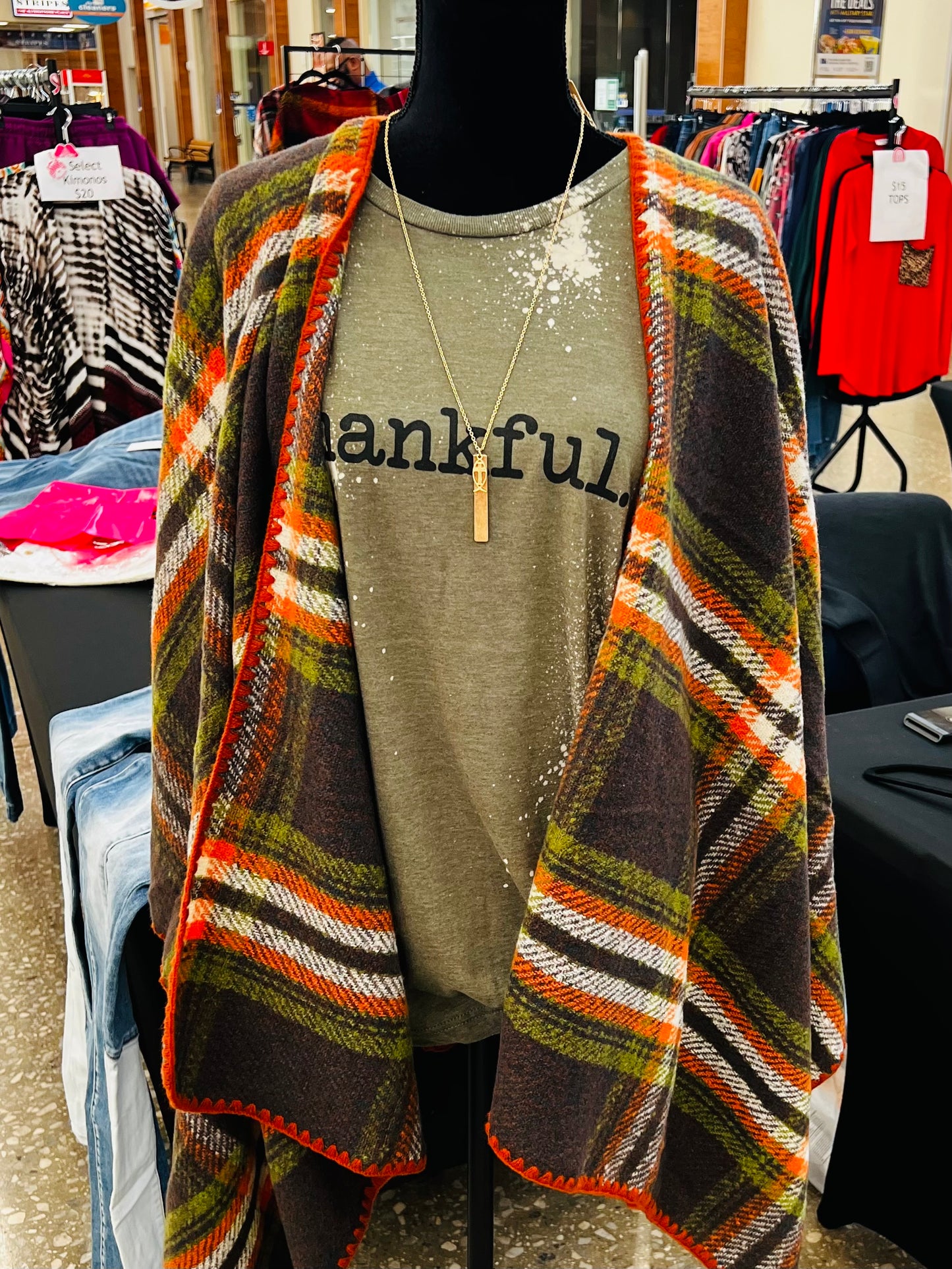 Olive Green Plaid Ruana (Wrap)