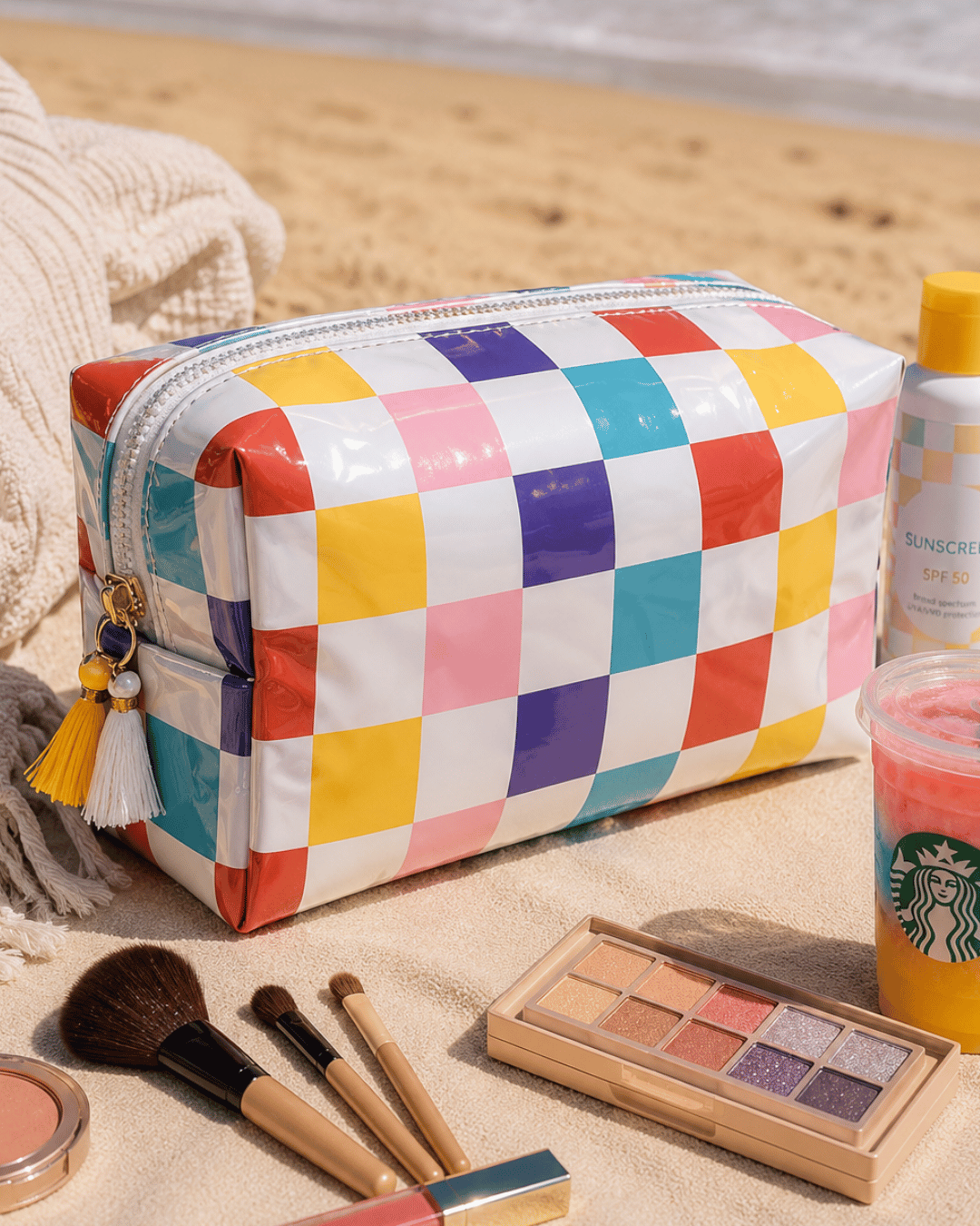 PVC Waterproof Multicolor Checkered Beach Makeup Bag-W