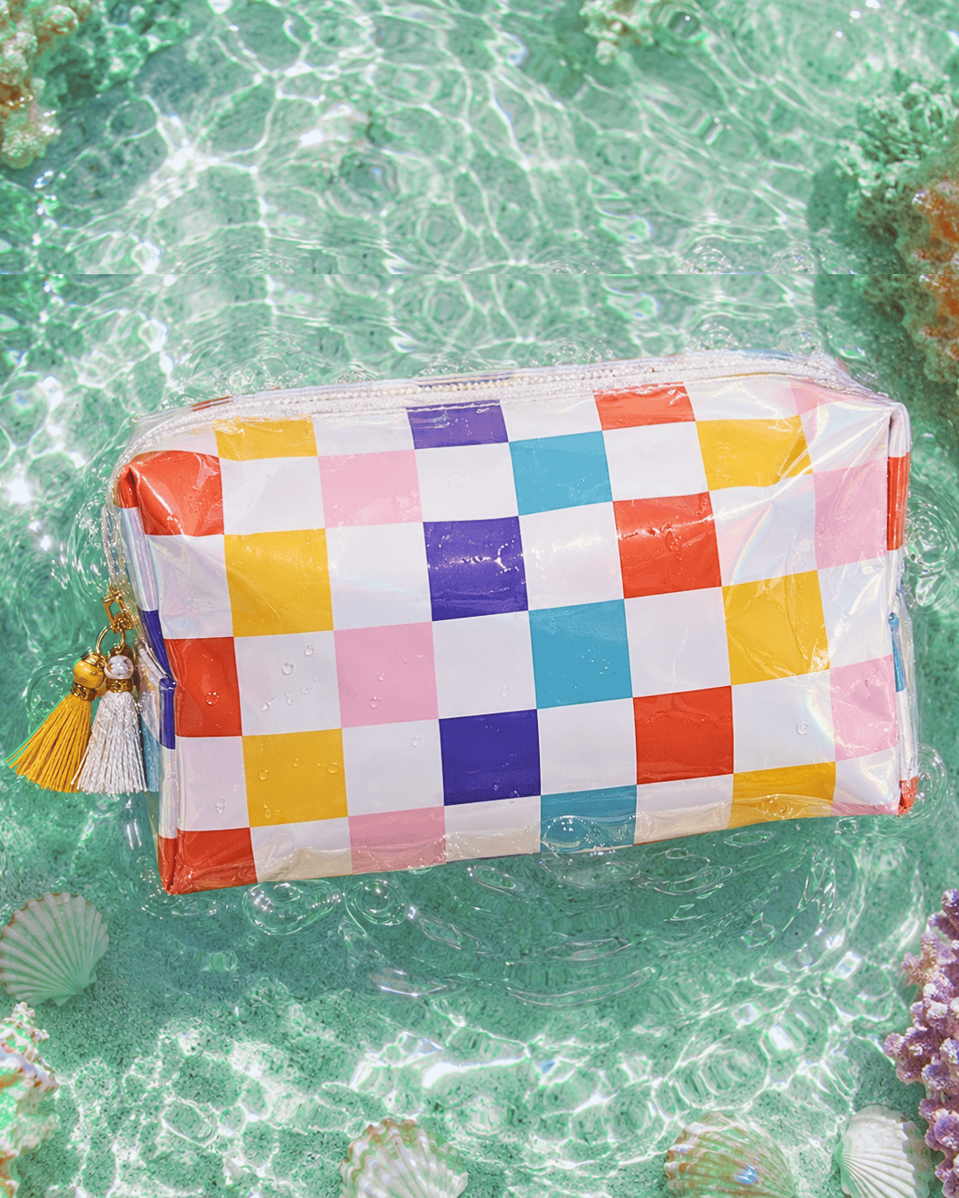 PVC Waterproof Multicolor Checkered Beach Makeup Bag-W