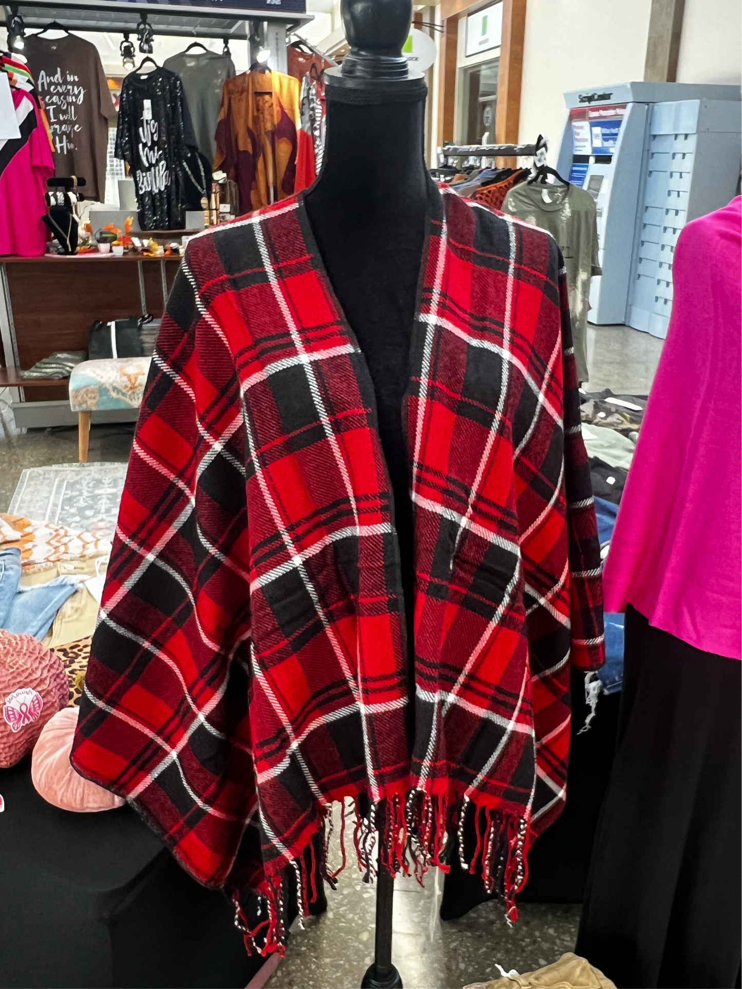 Red & Black w/Fringe Plaid Kimono