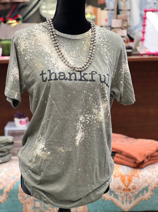 Green Bleached Graphic Thankful Tee Shirt