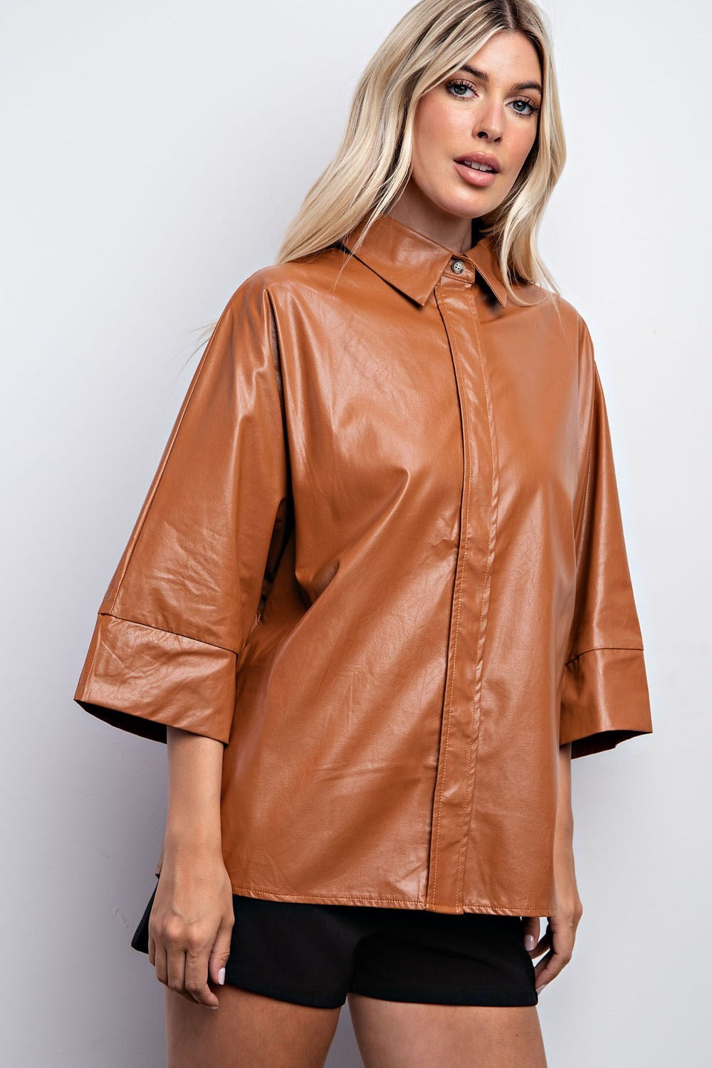 Pleather Button Down 3/4 Sleeve Top