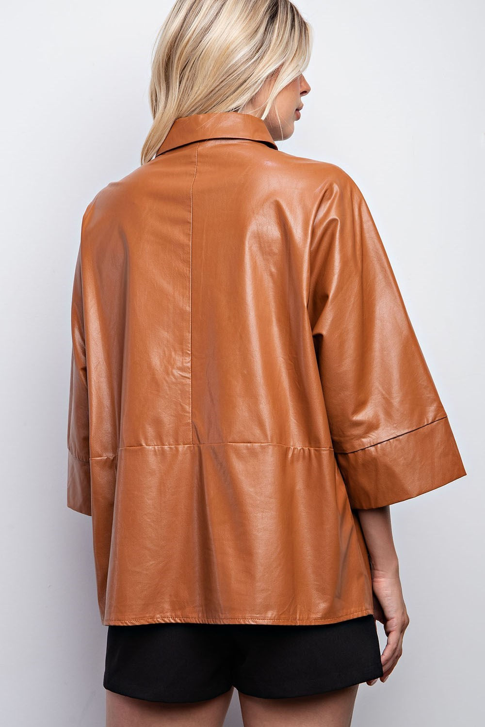 Pleather Button Down 3/4 Sleeve Top