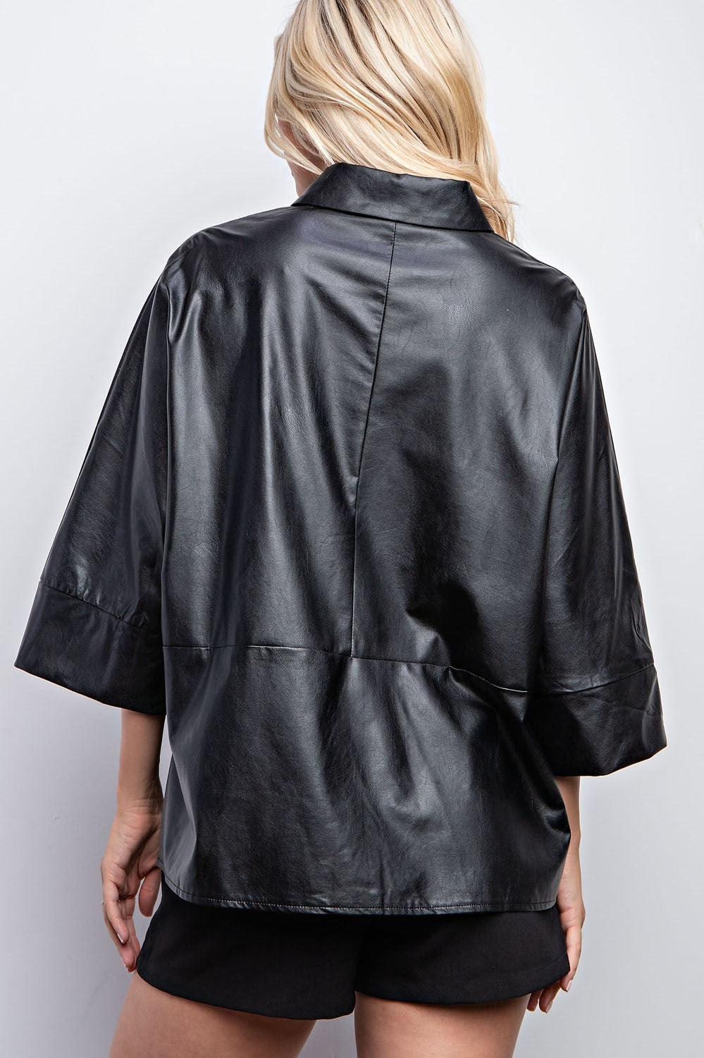 Pleather Button Down 3/4 Sleeve Top