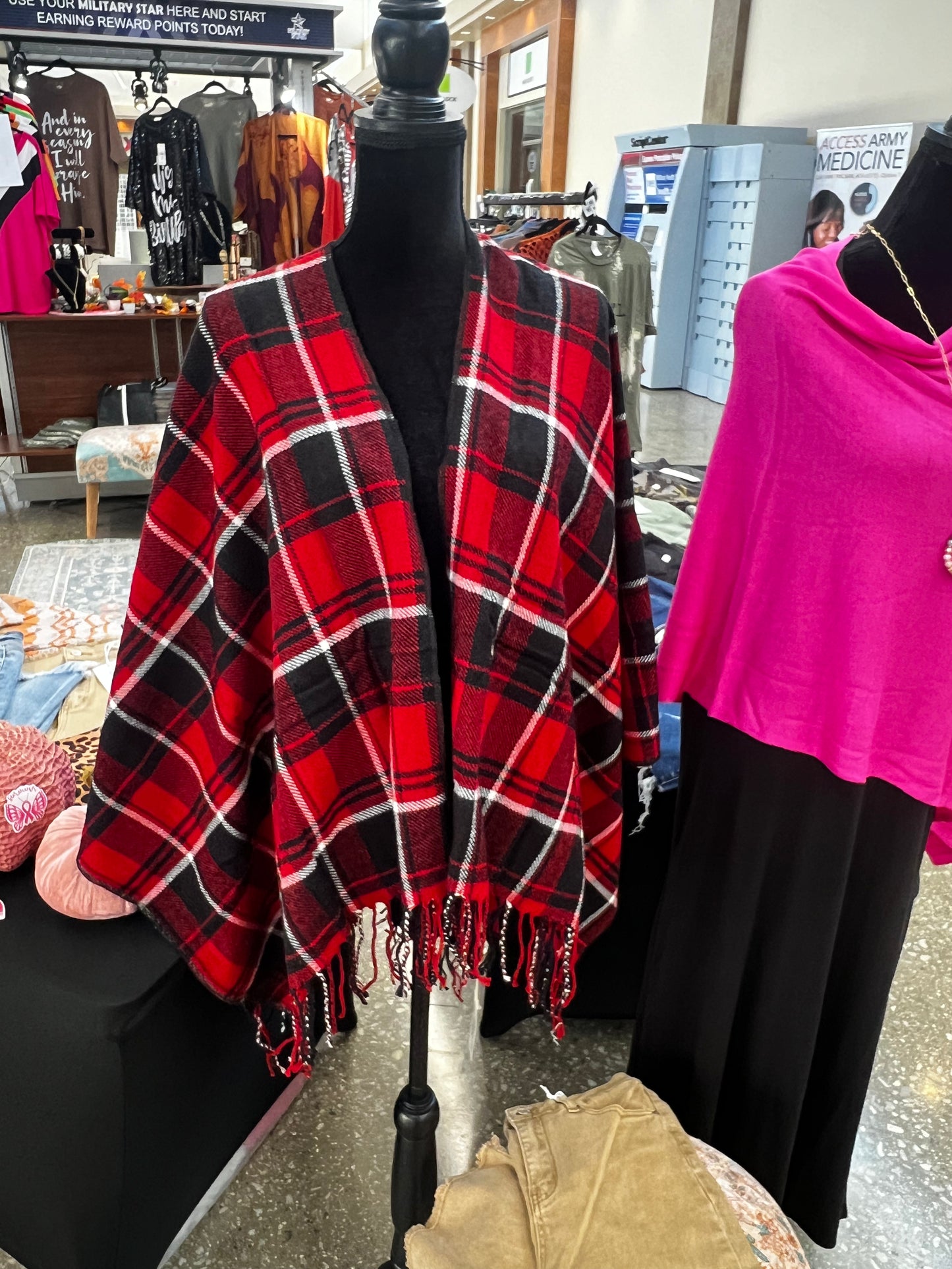 Red & Black w/Fringe Plaid Kimono