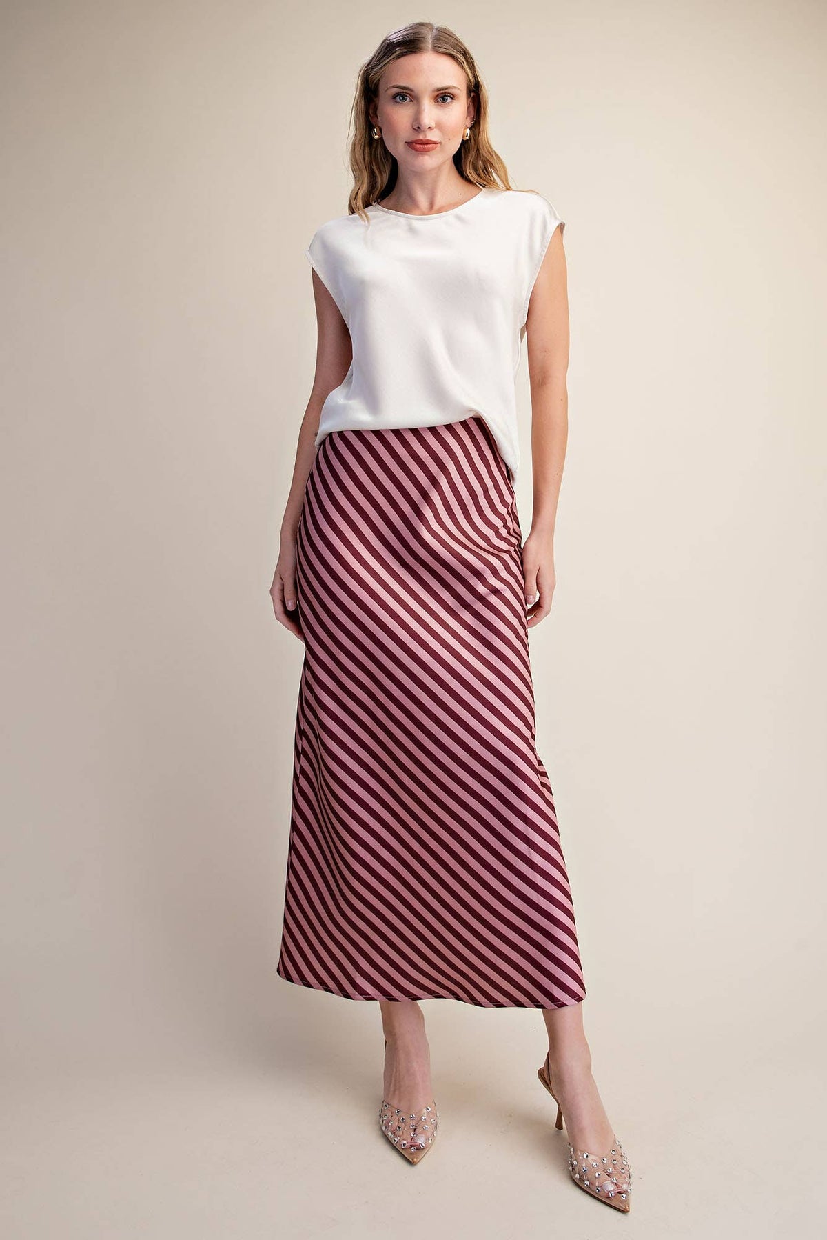 Stripe Satin Midi Skirt With Elastic Waist Band