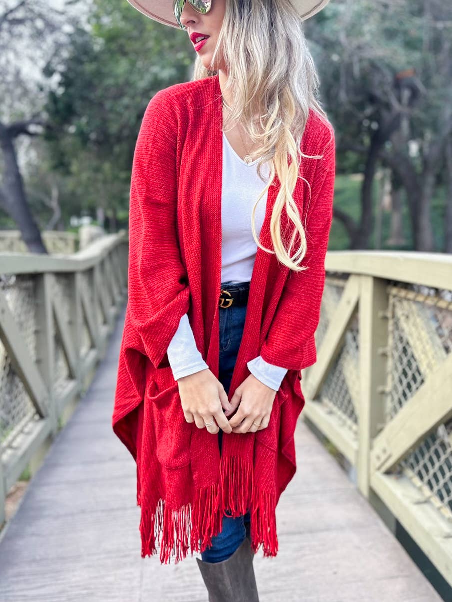 Red Soft Knitted Pocket Kimono Cardigan with Fringe Detail