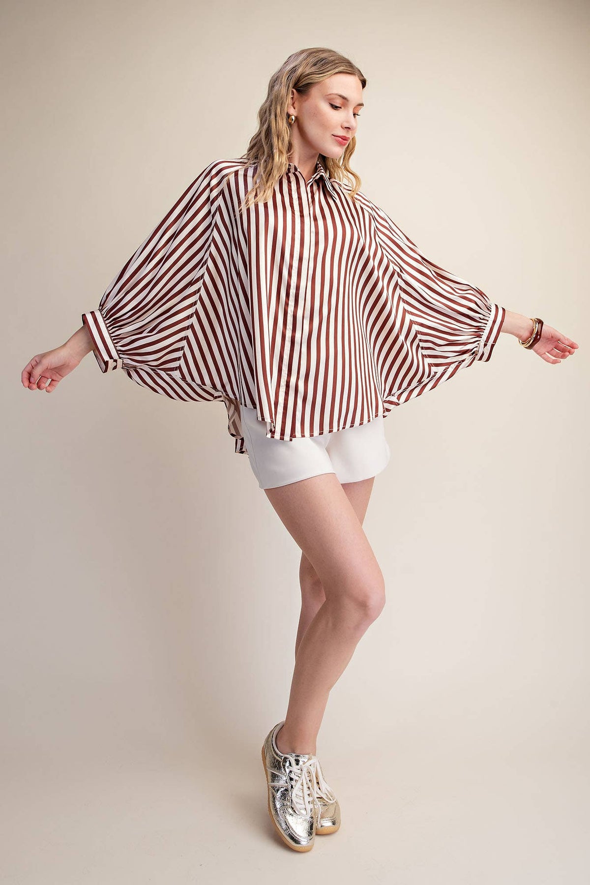 Stripe Wide Puff Sleeve Buttondown Shirt