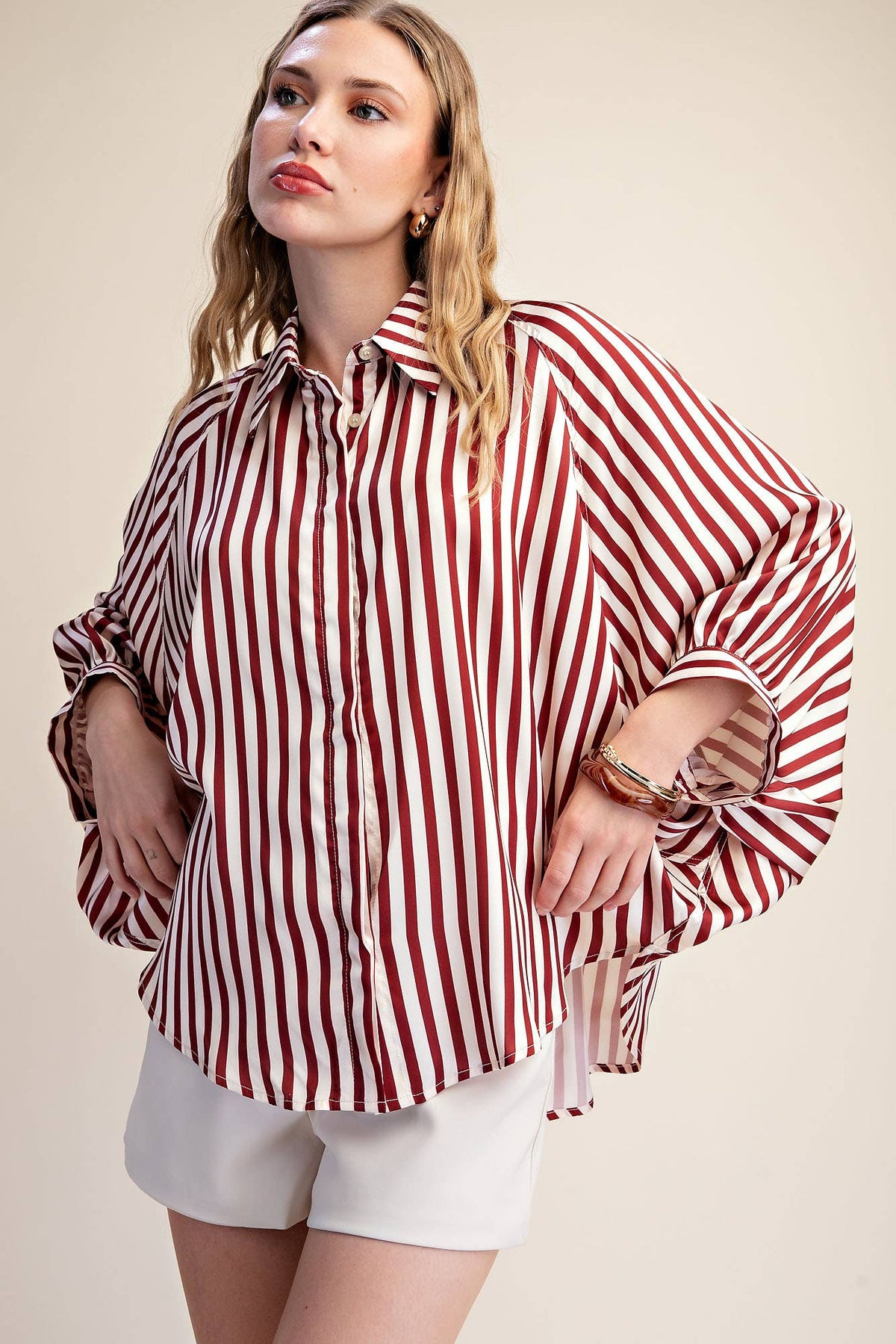 Stripe Wide Puff Sleeve Buttondown Shirt