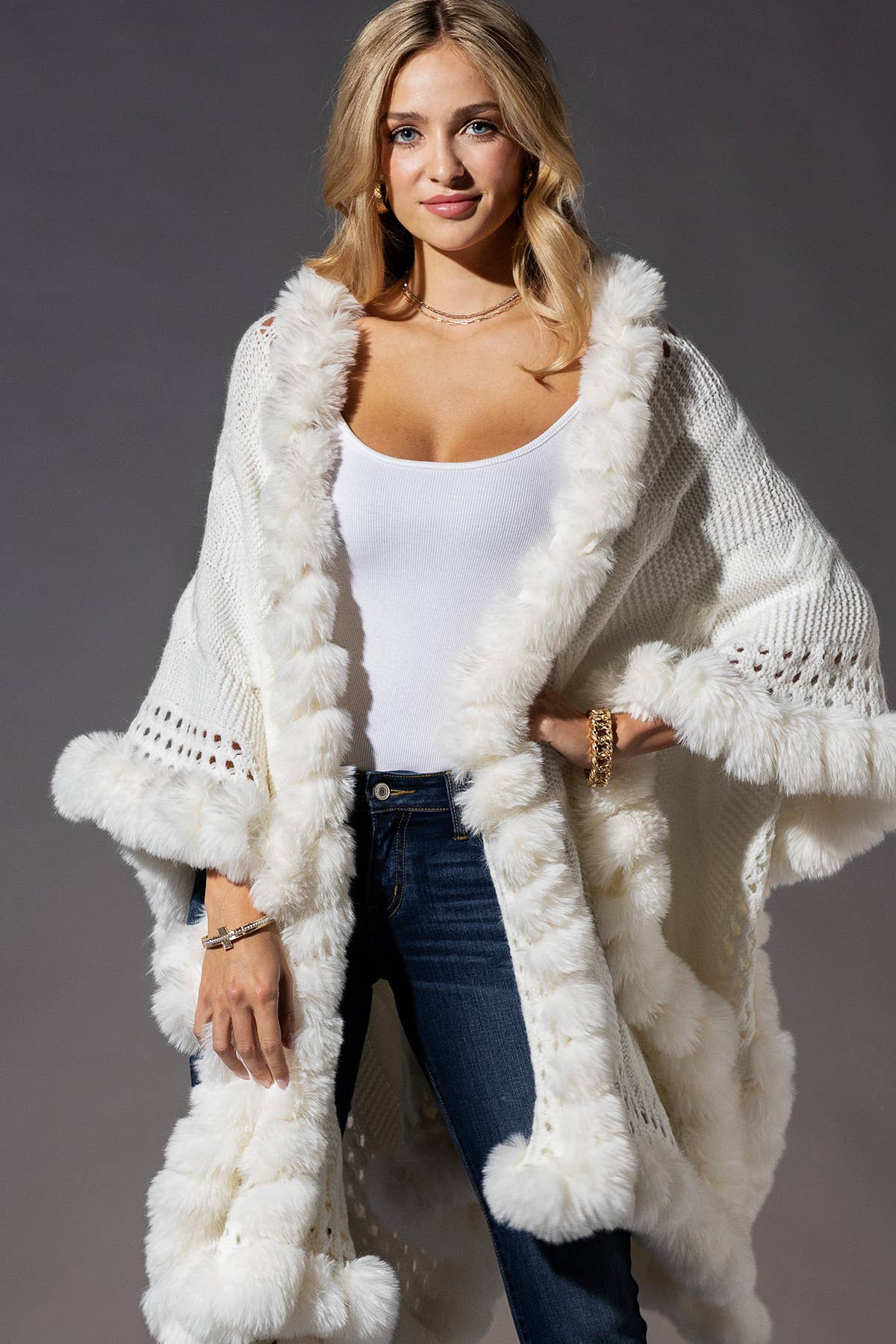 Woven Cape with Faux Fur Accent Trim