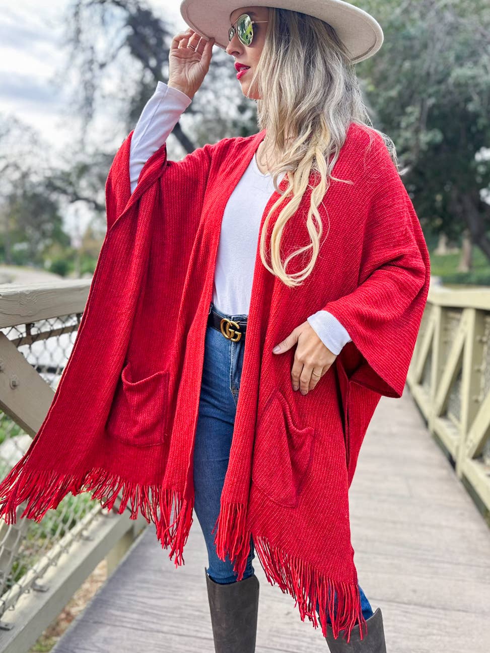 Red Soft Knitted Pocket Kimono Cardigan with Fringe Detail