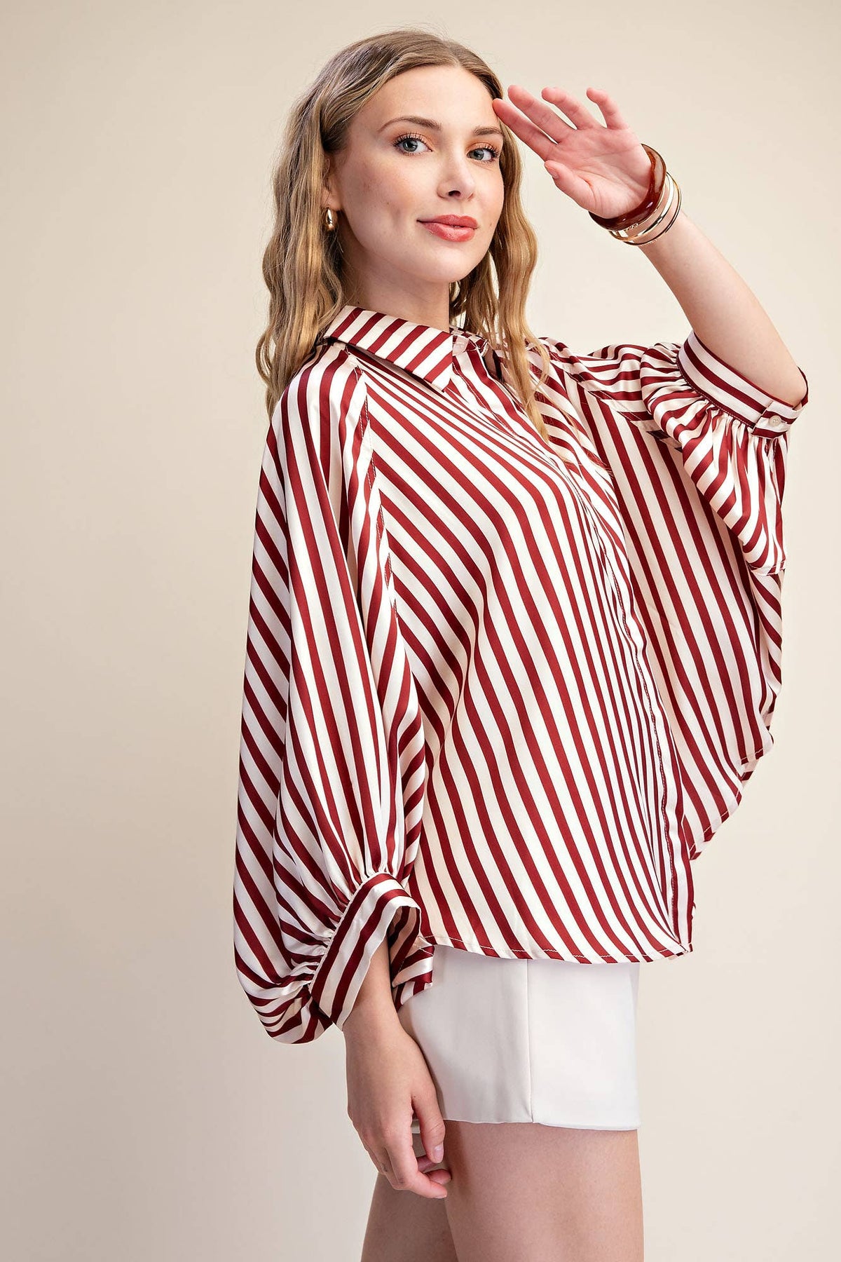 Stripe Wide Puff Sleeve Buttondown Shirt