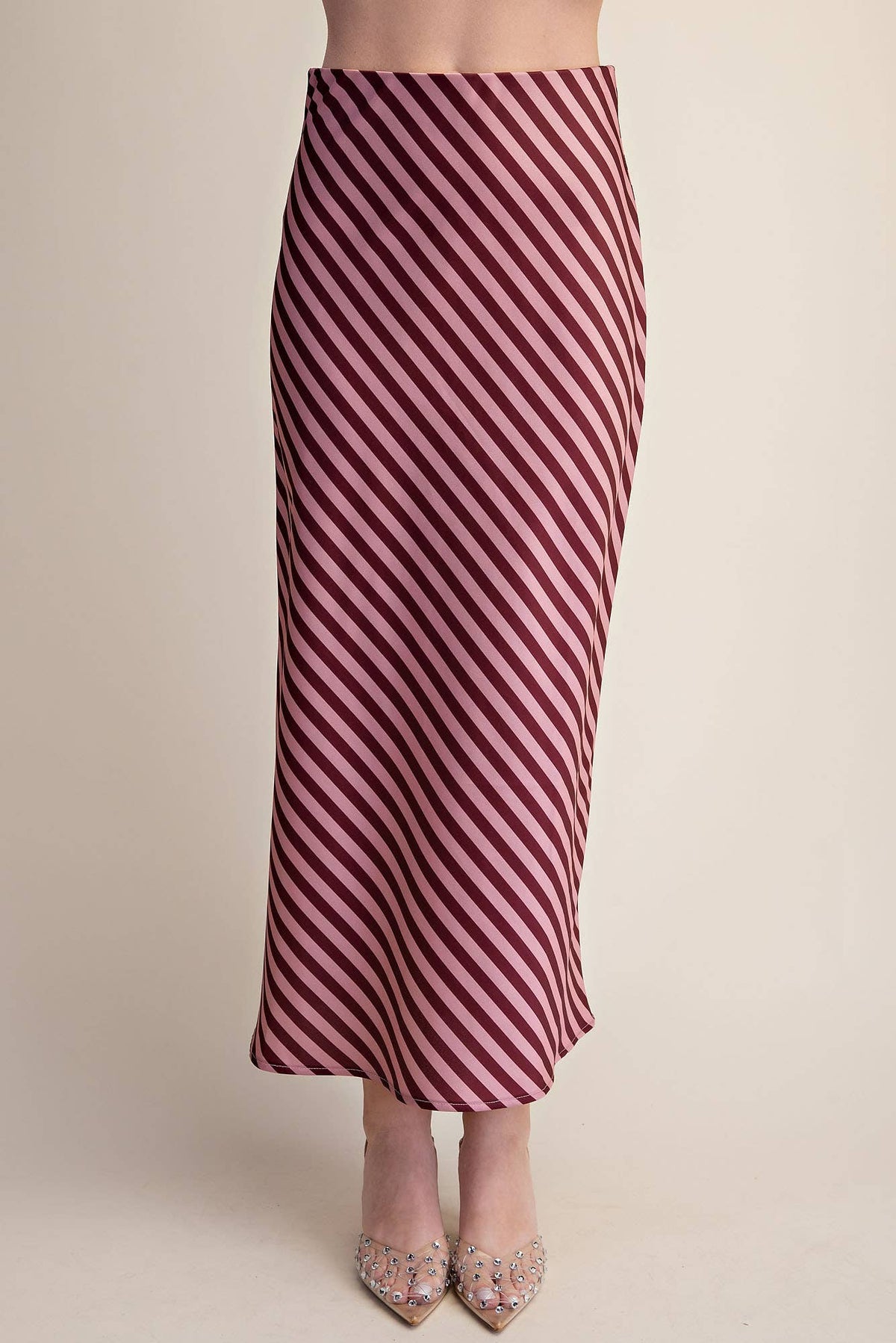 Stripe Satin Midi Skirt With Elastic Waist Band