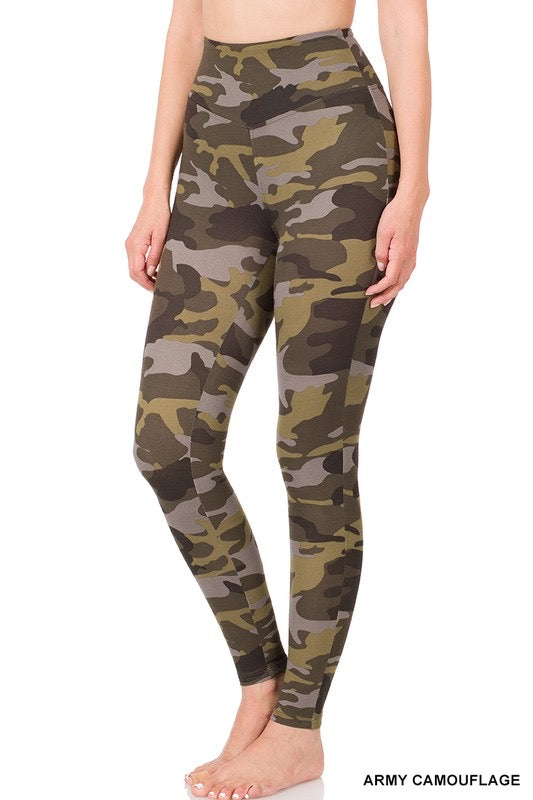 BRUSHED MICROFIBER CAMOUFLAGE WIDE WAISTBAND FULL LENGTH LEGGINGS