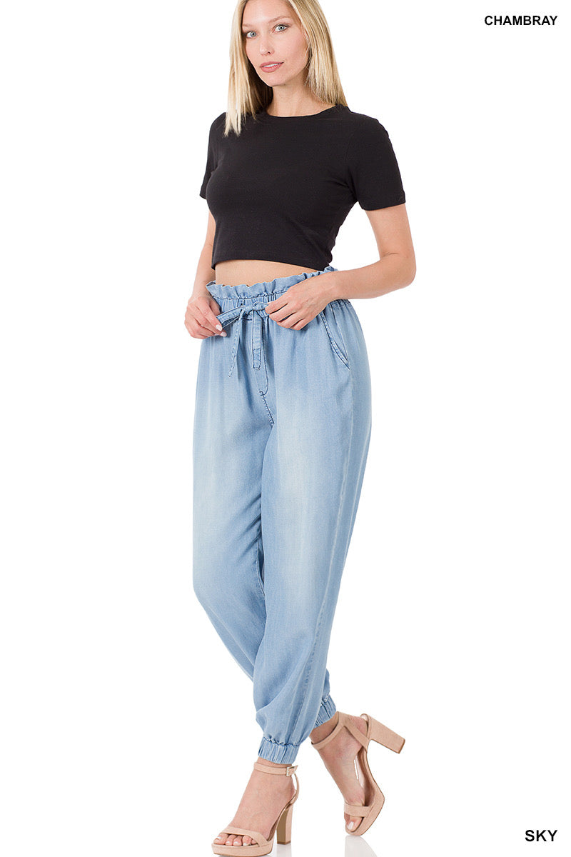 CHAMBRAY DRAWSTRING PAPER BAG WAIST JOGGER Jeans PANTS
