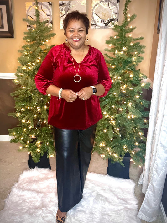 VELVET SHIRRING RUFFLED SPLIT NECK 3/4 SLEEVE TOP