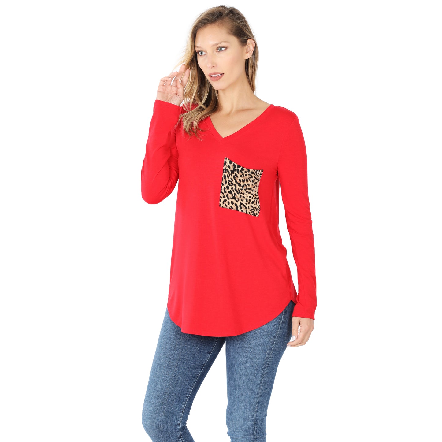 Long Sleeve V-Neck with Leopard Pocket Top