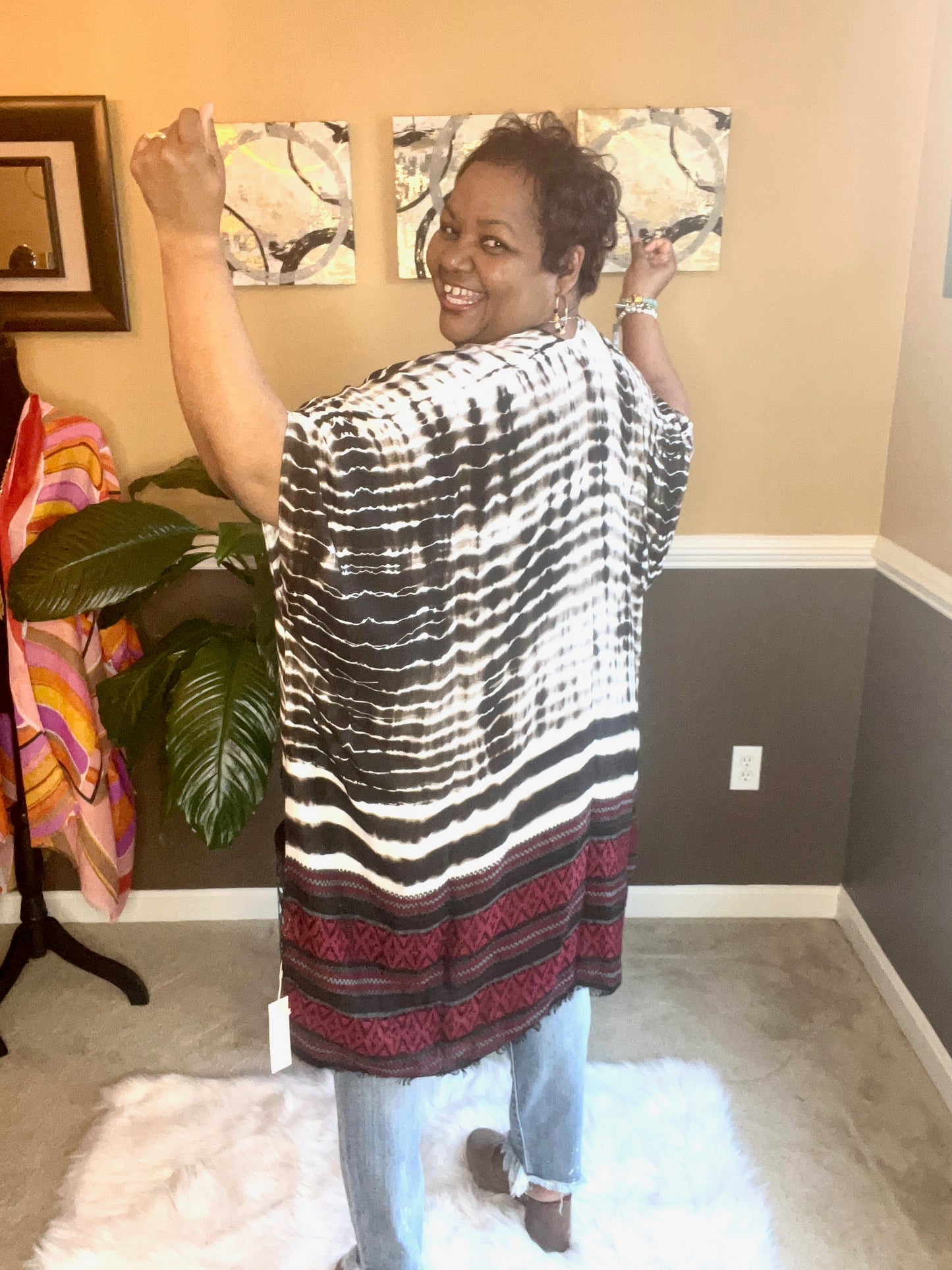 Ruggine Tie Dye with Jacquard Ethnic Motif Border Kimono