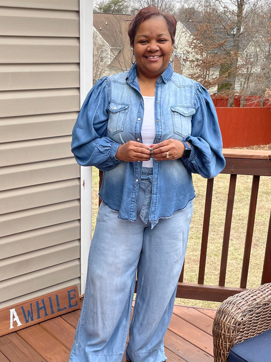 CHAMBRAY PAPERBAG WAIST BELTED WIDE LEG Jeans