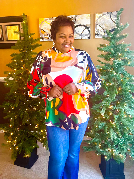 FLORAL/PLANT PRINT BUBBLE SLEEVE TOP