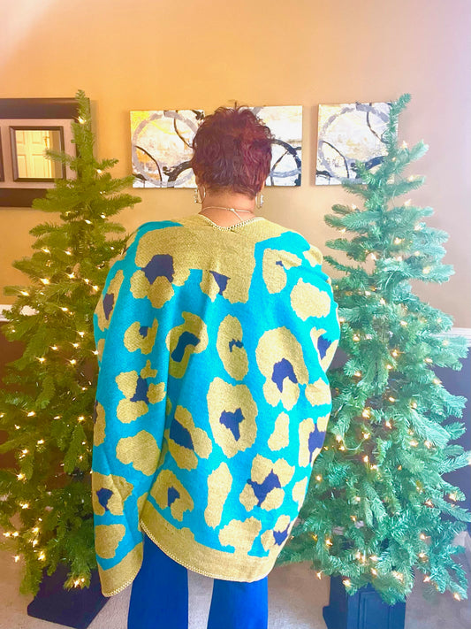 OVER-SIZED LEOPARD PRINTED KNITTED COZY KIMONO CARDIGAN