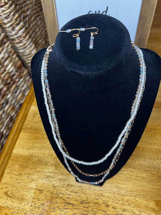 THREE STRAND NECKLACE with BEAD EARRINGS SET