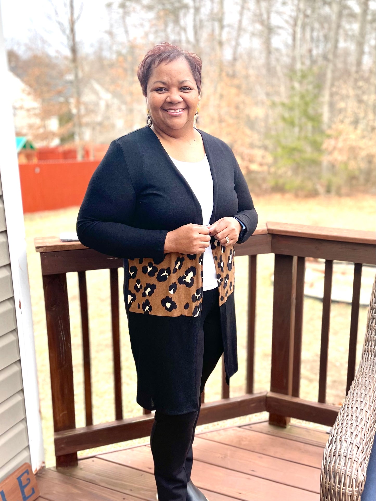 Black Solid Cardigan w/ Animal Print Panel