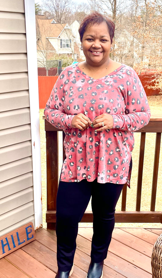 Leopard Dolman Long Sleeve V-Neck Top