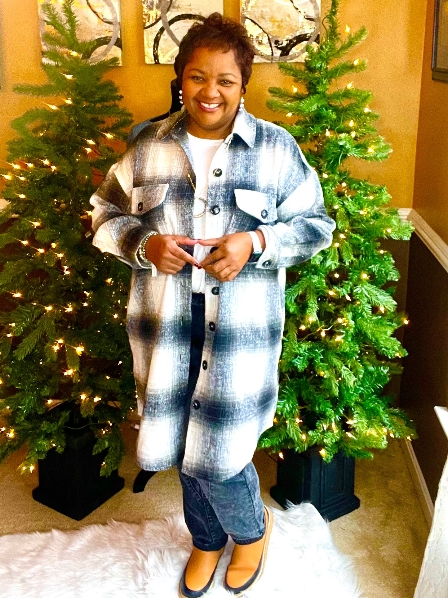 PLAID PRINT MOHAIR WOOL LONG SHACKET WITH POCKET